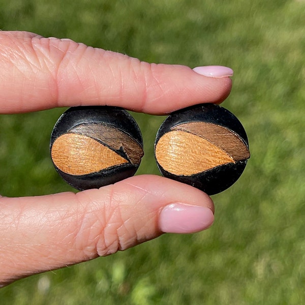 Set of 2 - Art Deco Inlaid Wood & Plastic Sewing Buttons, 22mm / Two Types of Wood, Black Plastic, Round Quarter Shank