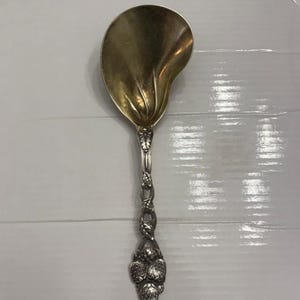 May include: A silver-toned serving spoon with a large, leaf-shaped bowl. The handle features an intricate design of intertwined vines and a cluster of berries at the base. The spoon is likely made of silver or a silver-plated metal.