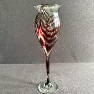 Op de afbeelding: Een lange, slanke glazen vaas met een uitlopende bovenkant en een lange steel. De vaas heeft een wervelend patroon van donkerrood en helder glas. De basis is een kleine, cirkelvormige voet. De vaas wordt waarschijnlijk gebruikt voor het tentoonstellen van bloemen.