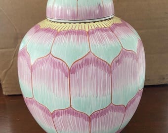 Vintage Japanese Porcelain Floral Lotus Hand Painted In HK Ginger Jar 9”
