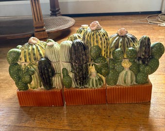 Vintage ceramic majolica cactuses in planter cookie jar 3 set unique cookie jars made in Italy