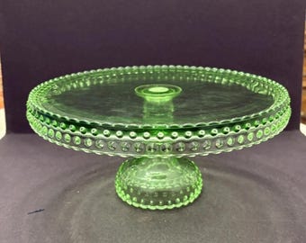 Vintage LE SMITH Green Glass Hobnail Large 11&quot; Cake Stand Rare! Slight UV Glow