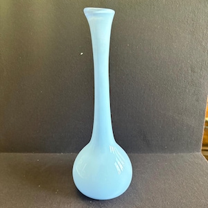 Op de afbeelding: Een lange, lichtblauwe glazen vaas met een afgeronde basis en een slanke, langwerpige hals. De vaas heeft een gladde, glanzende afwerking en een delicate, elegante vorm. De vaas is ongeveer 25 cm hoog.