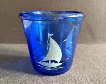 Vintage Hazel Atlas Cobalt Blue Sailboat Art Deco Ice Bucket Depression Glass