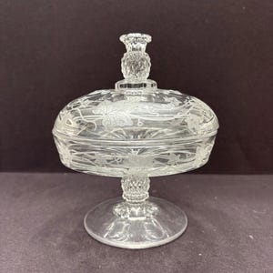 Könnte beinhalten: Eine transparente Bonbonniere aus Glas mit Deckel. Die Schale hat einen Sockel und eine runde Schüssel mit geätzten Blatt- und Rankenmustern. Der Deckel hat einen dekorativen Knopf. Die Schale ist wahrscheinlich Vintage.