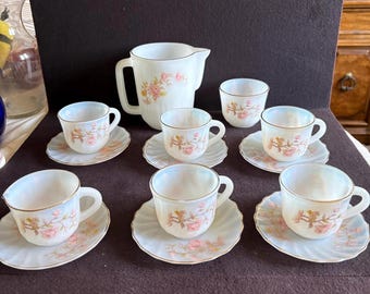 Vintage 1940s Neolex Korean Floral White Milk Glass tea set with pitcher, 6 tea cups and handwarmer mug hard to find made in Korea