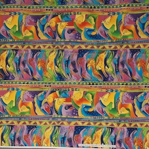 Laurel Burch - &quot;Mythical Horses&quot;  - Multi Colored Horse Stripes Metallic - Rare - Oop - Clothworks - Quilting - Cotton - SOLD by the YARD