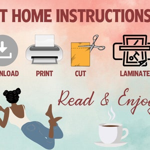 May include: A graphic with instructions on how to download, print, cut, and laminate a printable. The graphic includes icons for each step and a woman reading a book. The text "Read & Enjoy!" is written in red.