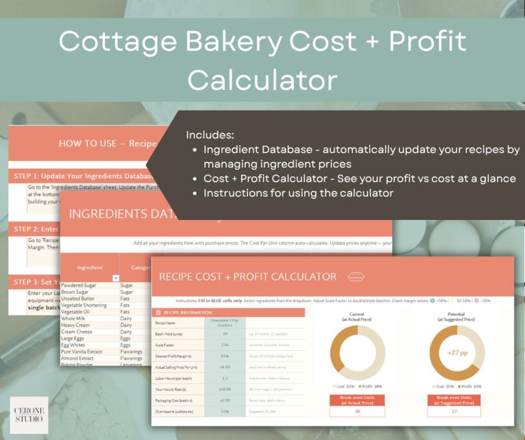 Recipe Cost Calculator Excel Google Sheets | Home Bakery Tool With ...