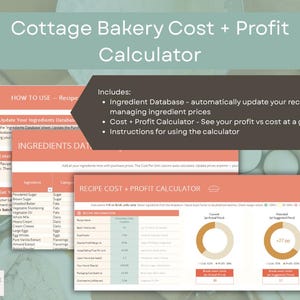 Recipe Cost Calculator Excel & Google Sheets | Home Bakery Pricing Tool with Current vs Potential Profit Visuals | Cottage Food