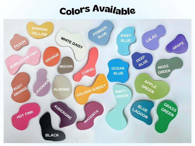 Peut inclure: Une vari&eacute;t&eacute; de couleurs de peinture sont affich&eacute;es sous la forme de gouttes irr&eacute;guli&egrave;res. Les couleurs comprennent le p&ecirc;che, le rose bonbon, l'orange, la marguerite blanche, le bleu poudre, le bleu b&eacute;b&eacute;, le lilas, le raisin, le moka, le corail, le bleu oc&eacute;an, le bleu fonc&eacute;, le vert mousse, l'orange rouille, la lavande, l'amande, le coucher de soleil dor&eacute;, le vert menthe, le rose chaud, l'aubergine, le magenta, le vert pomme, le vert herbe, le lagon bleu et le noir.