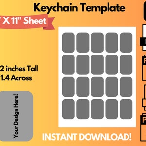 Puede incluir: Una plantilla imprimible para crear 24 diseños de llaveros. La plantilla mide 8,5 pulgadas por 11 pulgadas e incluye 24 espacios rectangulares para diseños. Cada espacio mide 2,2 pulgadas de alto y 1,4 pulgadas de ancho. La plantilla está disponible en los formatos DXF, DOC, PNG, SVG y PSD. "DESCARGA INSTANTÁNEA!" está escrito en la parte inferior de la plantilla.