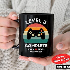 3rd Wedding Anniversary Gift for Husband Wife&, Gamer Coffee Mug, Personalization Level 3 Complete, Retro Video Game Mug, Gamer Husband Gift