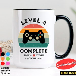4th Wedding Anniversary Gift For Husband Wife, Gamer Mug, Personalization Level 4 Complete, 4 Year Anniversary Gift For Gamer,Retro Game Mug