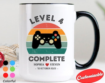 4th Wedding Anniversary Gift For Husband Wife, Gamer Mug, Personalization Level 4 Complete, 4 Year Anniversary Gift For Gamer,Retro Game Mug