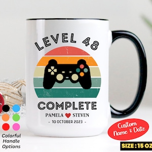 Taza 48.o regalo de aniversario de bodas para esposo y esposa, nivel de personalización 48 completo, regalo de 48 años de aniversario para jugador, videojuego retro