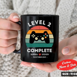 2nd Wedding Anniversary Gift for Husband Wife, 2 year Anniversary Gift for Gamer, Personalization Level 2 Complete, Retro Video Game Mug