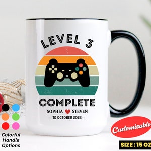 Personalization Level 3 Complete, 3rd Wedding Anniversary Gift For Husband Wife, Retro Video Game Mug, Gamer Husband Gift, Gamer Coffee Mug