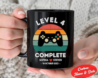 4th Wedding Anniversary Gift for Husband Wife, 4 year Anniversary Gift for Gamer, Gamer Mug,Personalization Level 4 Complete, Retro Game Mug