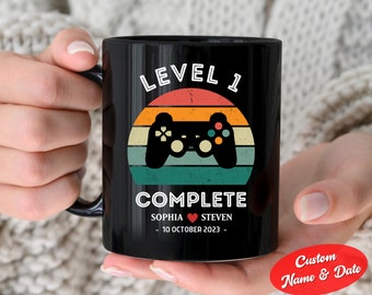 1st Wedding Anniversary Custom Gift for Wife Husband, Gamer Gift, anniversary gifts gamer, Personalised Level 1 Complete Mug, gamer's gift
