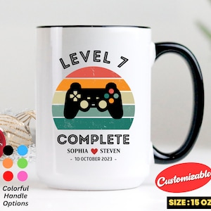 7th Wedding Anniversary Gift For Husband Wife, Personalization Level 7 Complete, 7 year Anniversary Gift For Gamer, Retro Video Game Mug