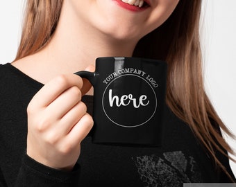 Taza negra con logotipo personalizado, taza personalizada, taza personalizada, taza con logotipo comercial, taza personalizable, taza de café personalizada, tazas de café personalizadas, su logotipo aquí