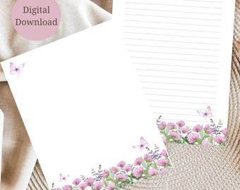 Set di cancelleria stampabile con farfalle viola e fiori: a righe e senza righe (download digitale)