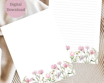 Afdrukbare bloemen briefpapierset – roze wilde bloem, briefpapier – briefpapier (gelinieerd en ongevoerd, digitale download)