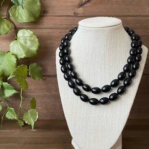 Signed Vintage Trifari Black Beaded Necklace - Lucite Oval Beads - 34”