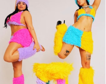 Colorful Outfits Fake Fur Festival Clothing Women Rave Burning Man Matching Sets