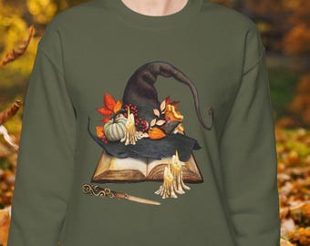 Book lovers Witchy Fall Crewneck Sweatshirt | Witch Hat spell book, vintage books, fall floral
