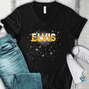 Flashy Gold ELVIS V-Neck Tee, Gift for Mom, Music Fans, Black v-neck T-shirt