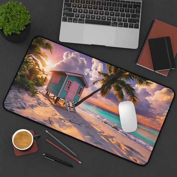 Tropical Island Desk Mat, Tranquil Beach Keyboard Pad, Ocean Desk Accessory, Coastal Office Decor, Beach Lover Gift