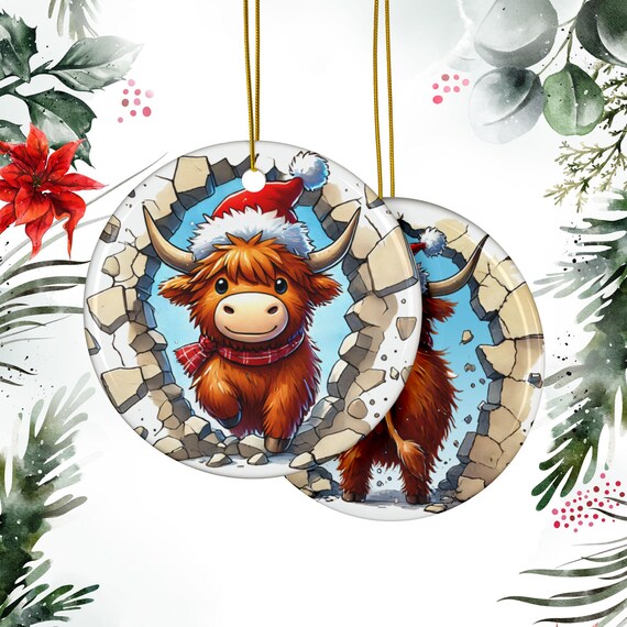 Double-Sided Highland Cow Ornaments, Festive Country style Christmas Decor, Cute fun Holiday Decoration, Xmas Tree Decor