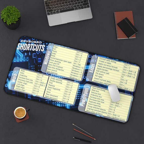 Keyboard Shortcut High Tech Desk Mat, MS Windows, MS Office shortcuts, Sci-fi design