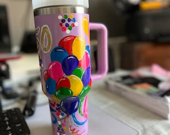 Birthday Hand painted 40oz tumbler with balloons and streamers, personalized