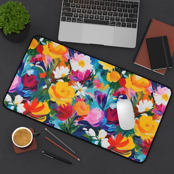 Floral Desk Mat, Colorful Desk Accessory, Abstract Flower Pattern Mouse Pad, Office Desk Decor, Botanical Workspace Organizer, Unique Desk
