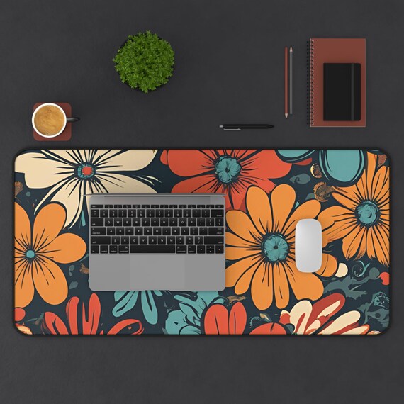 Funky 70's Desk Mat with Blue and Orange Flowers - Add a Pop of Color to Your Workspace