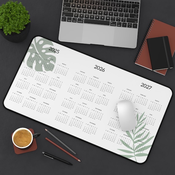 Desk Mat Calendar Organizer, Botanical Leaves 3-Year Green White Pad 2025 2026 2027, Home Office Decor, Floral Planner, Large Work Surface,