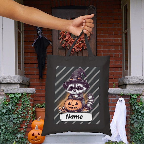 Personalized Halloween Raccoon Treat Tote Bag - Trick or Treat sack, Boo Bag, Fall Festival Accessory, Spooky Bag, Halloween Bag