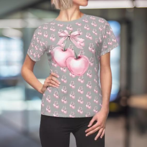 Coquette Cherries & Bows Women's Tee, Pink Cherry Print Shirt, Retro Style Top for Her, Cute Bow Design, Fruit Lover Gift