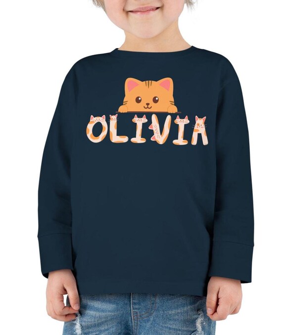 Personalized Kids Kitten Alphabet Long Sleeve Tee, Custom Cat Name Child Shirt, Toddler Cat Shirt