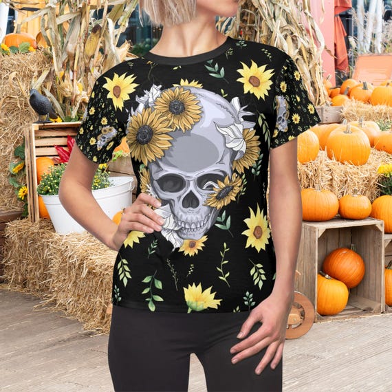 Gothic Floral Women's Tee, Gift for mom, All-Over Print Shirt, Any Occasion Top, Black and yellow casual shirt
