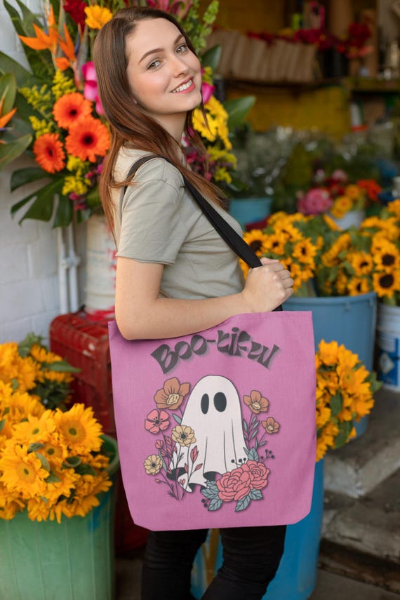 Bootiful Ghost Pinkoween Tote Bag, Halloween Trick or Treat Girly Bag with Cute Ghost and Wildflowers, Halloween Tote, Halloween Gift