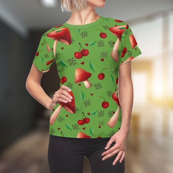 Women's Tee, Green Psychedelic Mushrooms and Cherries Pattern Shirt, Hippie Tshirt, Retro Graphic Top, Unique Festival Apparel, Eclectic