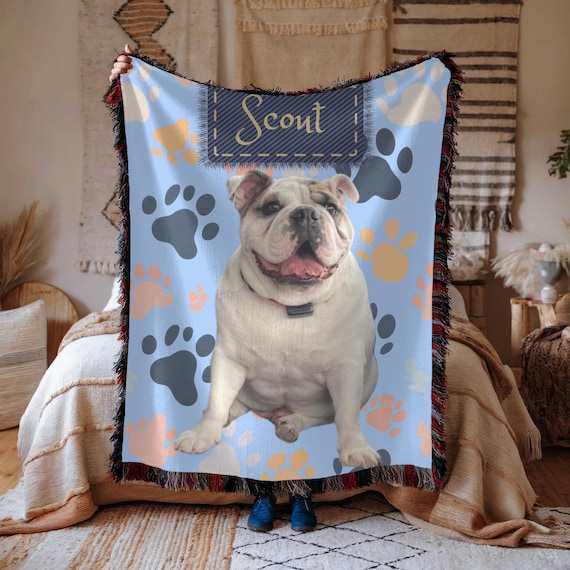 Custom Pet Image Woven Blanket, Personalized Dog Name Throw, Customizable Home Decor, Pet Lover Gift, Dog Memorial Blanket