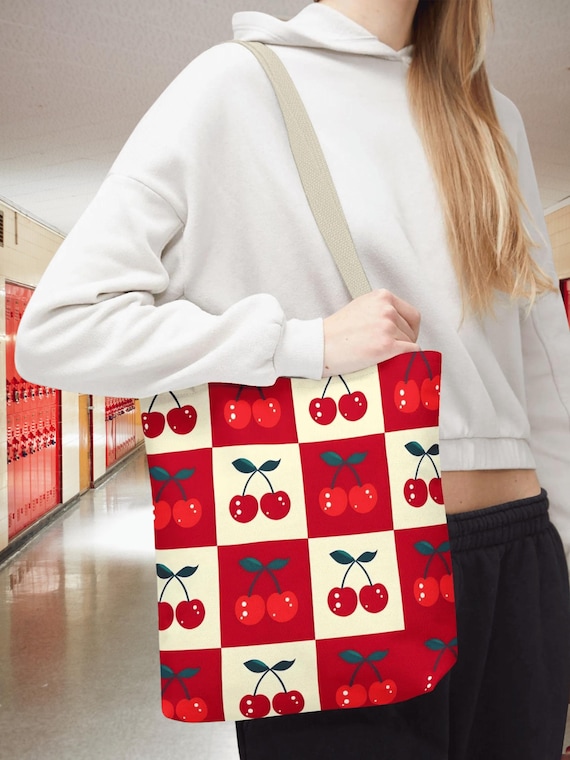 Charming Cherry Print Tote Bag - Summer Beach Lady Tote, Back to School Bag, Checkered Cherries, Cute Shoulder Purse