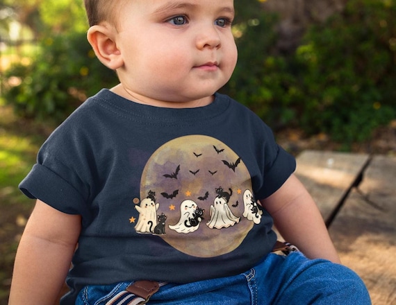 Ghostly Infant Tee: Cute Halloween Moon Baby T-shirt, Black Cat Kids Shirt, Spooky Toddler Top, Halloween Outfit, Trick or Treat