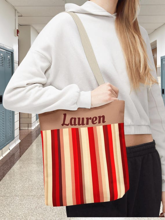 Striped Personalized Tote Bag, Large Canvas Customizable Carryall, Gift for Her, Beach Tote, Shopping Bag, Back to School Shoulder Bag