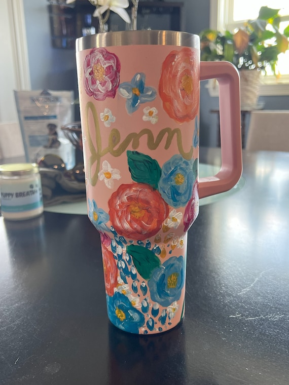 Personalized Hand painted 40oz tumbler with colorful flowers, custom made to order